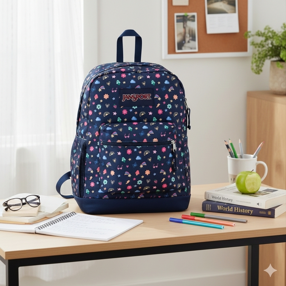 JanSport Cross Town Plus Backpack with Floral Pattern - Navy - Picture 3 of 12